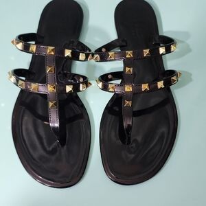 Nicole by Nicole Miller Black and Gold Sandals with Studded Straps